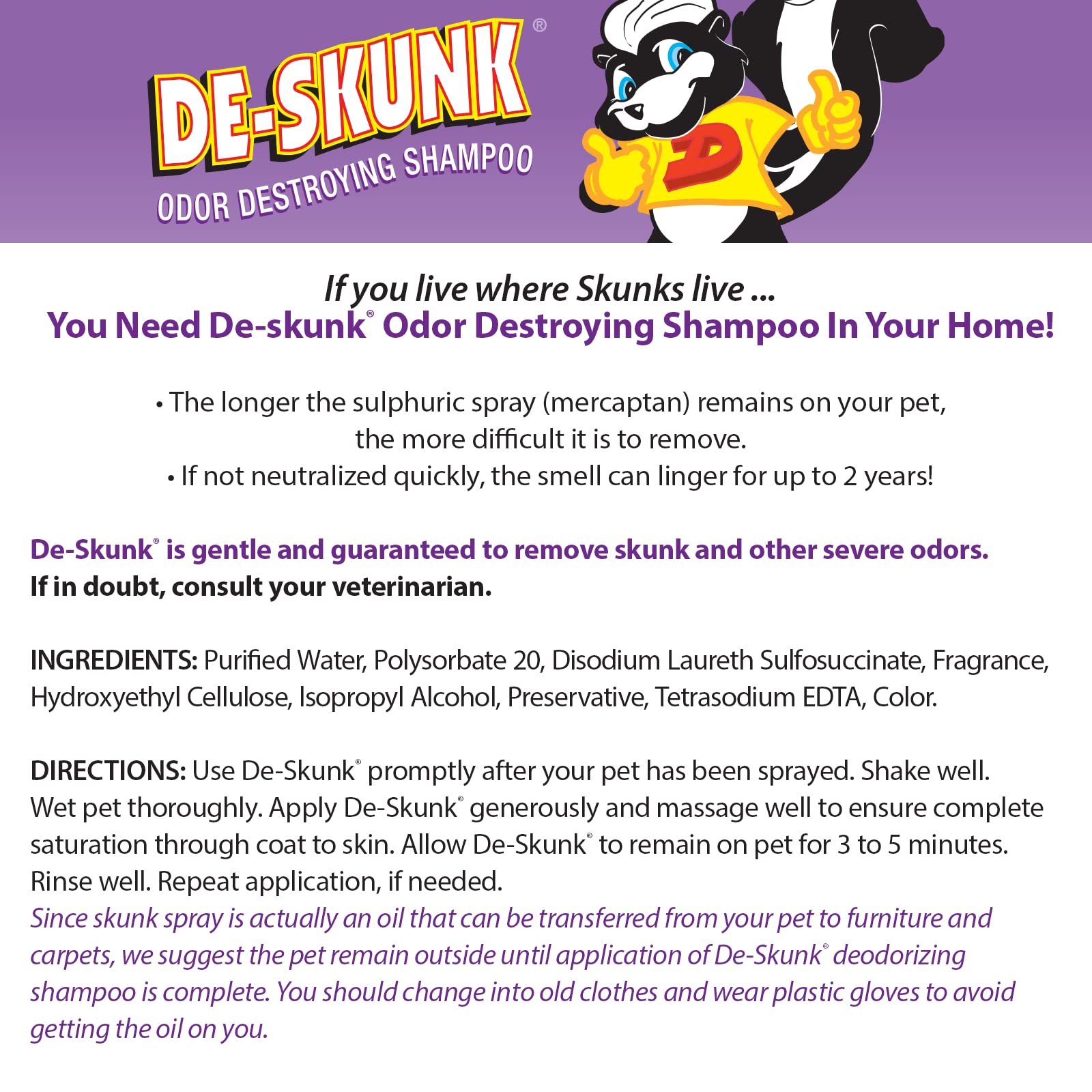 De-Skunk Odor Destroying Shampoo for Dogs, 32 oz. - Formulated with Powerful De-Greasers, Skunk Odor Remover for Pets, Carpet, F